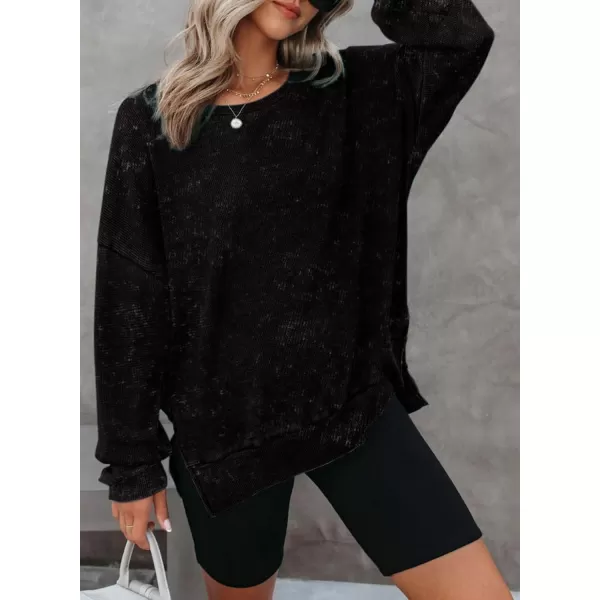 Dokotoo Womens Oversized Waffle Knit Crewneck Sweatshirts Long Sleeve Side Slits Casual Pullover Sweatshirt Tops
