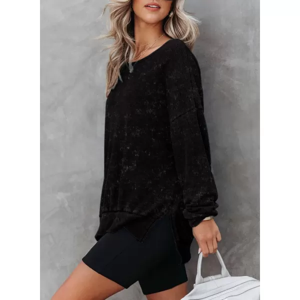 Dokotoo Womens Oversized Waffle Knit Crewneck Sweatshirts Long Sleeve Side Slits Casual Pullover Sweatshirt Tops