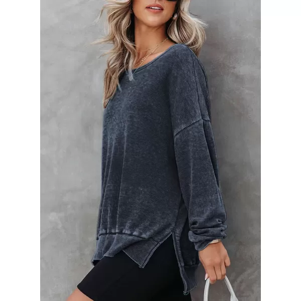 Dokotoo Womens Oversized Waffle Knit Crewneck Sweatshirts Long Sleeve Side Slits Casual Pullover Sweatshirt Tops