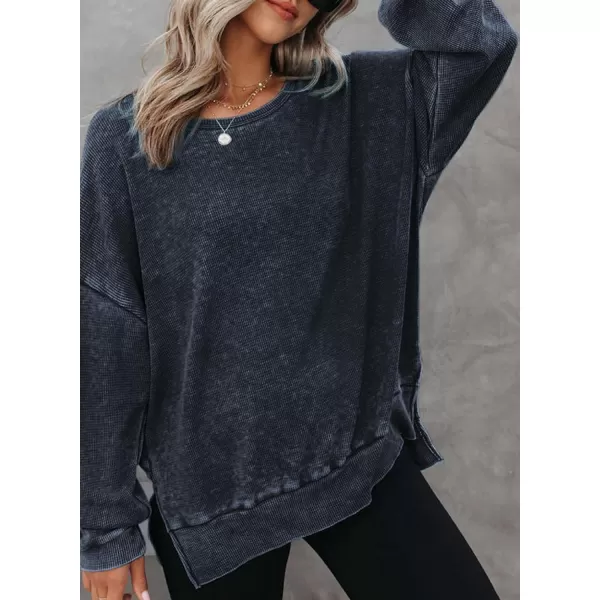 Dokotoo Womens Oversized Waffle Knit Crewneck Sweatshirts Long Sleeve Side Slits Casual Pullover Sweatshirt Tops