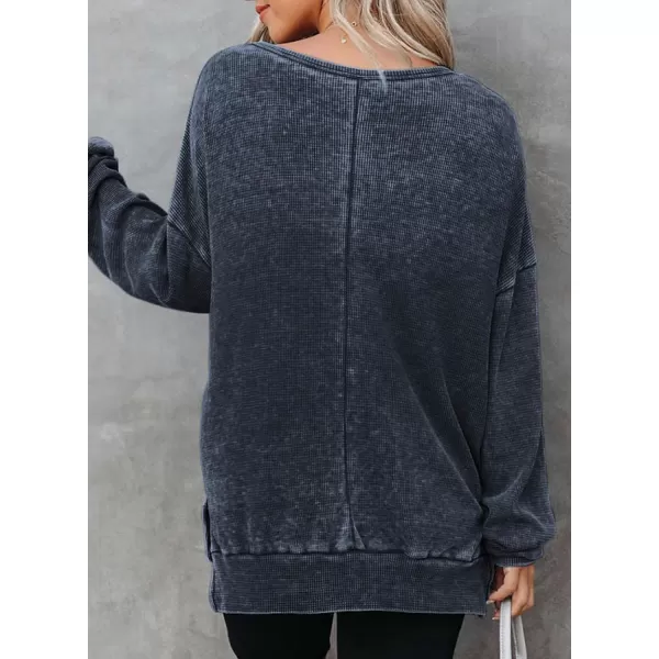 Dokotoo Womens Oversized Waffle Knit Crewneck Sweatshirts Long Sleeve Side Slits Casual Pullover Sweatshirt Tops