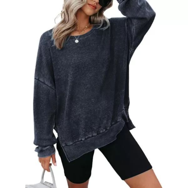 Dokotoo Womens Oversized Waffle Knit Crewneck Sweatshirts Long Sleeve Side Slits Casual Pullover Sweatshirt Tops