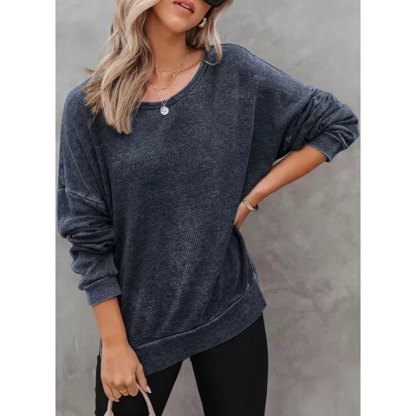 Dokotoo Womens Oversized Waffle Knit Crewneck Sweatshirts Long Sleeve Side Slits Casual Pullover Sweatshirt Tops