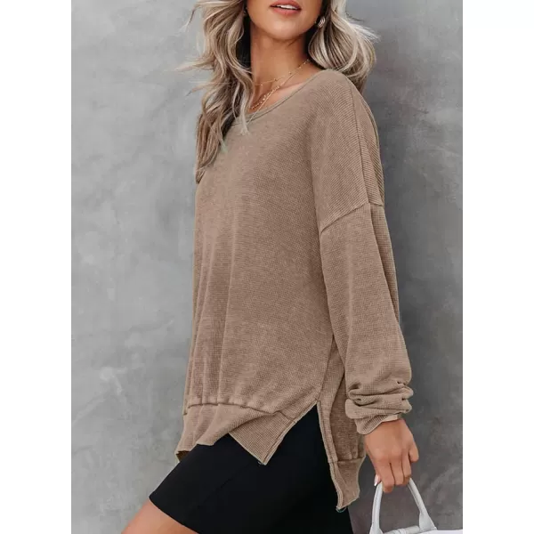 Dokotoo Womens Oversized Waffle Knit Crewneck Sweatshirts Long Sleeve Side Slits Casual Pullover Sweatshirt Tops