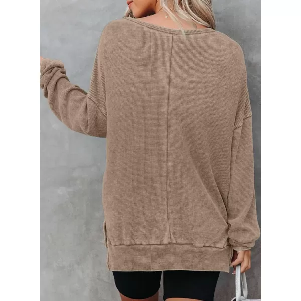 Dokotoo Womens Oversized Waffle Knit Crewneck Sweatshirts Long Sleeve Side Slits Casual Pullover Sweatshirt Tops