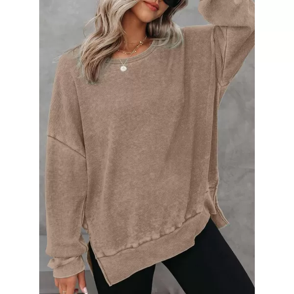 Dokotoo Womens Oversized Waffle Knit Crewneck Sweatshirts Long Sleeve Side Slits Casual Pullover Sweatshirt Tops