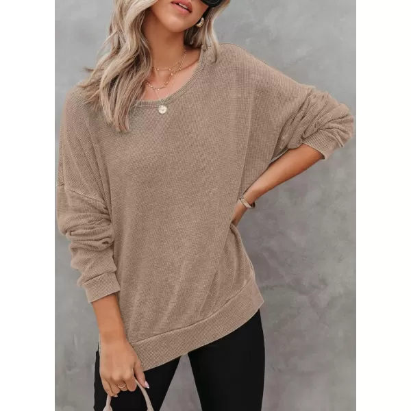 Dokotoo Womens Oversized Waffle Knit Crewneck Sweatshirts Long Sleeve Side Slits Casual Pullover Sweatshirt Tops