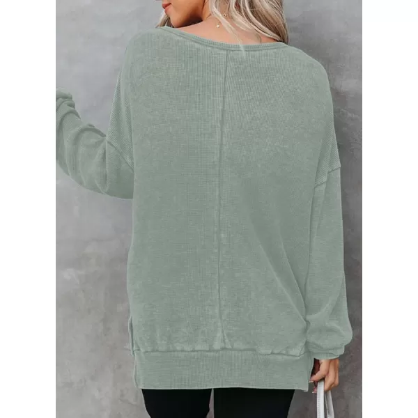 Dokotoo Womens Oversized Waffle Knit Crewneck Sweatshirts Long Sleeve Side Slits Casual Pullover Sweatshirt Tops