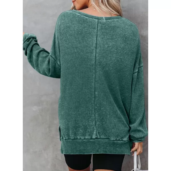 Dokotoo Womens Oversized Waffle Knit Crewneck Sweatshirts Long Sleeve Side Slits Casual Pullover Sweatshirt Tops