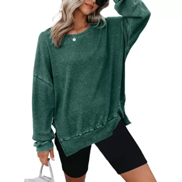 Dokotoo Womens Oversized Waffle Knit Crewneck Sweatshirts Long Sleeve Side Slits Casual Pullover Sweatshirt Tops