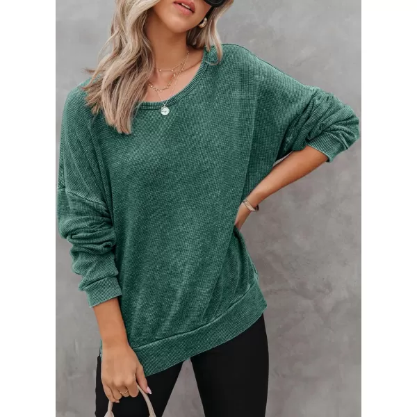 Dokotoo Womens Oversized Waffle Knit Crewneck Sweatshirts Long Sleeve Side Slits Casual Pullover Sweatshirt Tops