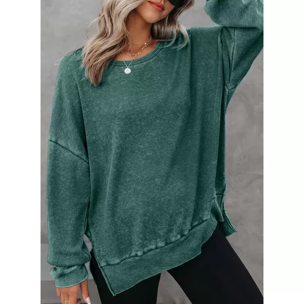 Dokotoo Womens Oversized Waffle Knit Crewneck Sweatshirts Long Sleeve Side Slits Casual Pullover Sweatshirt Tops