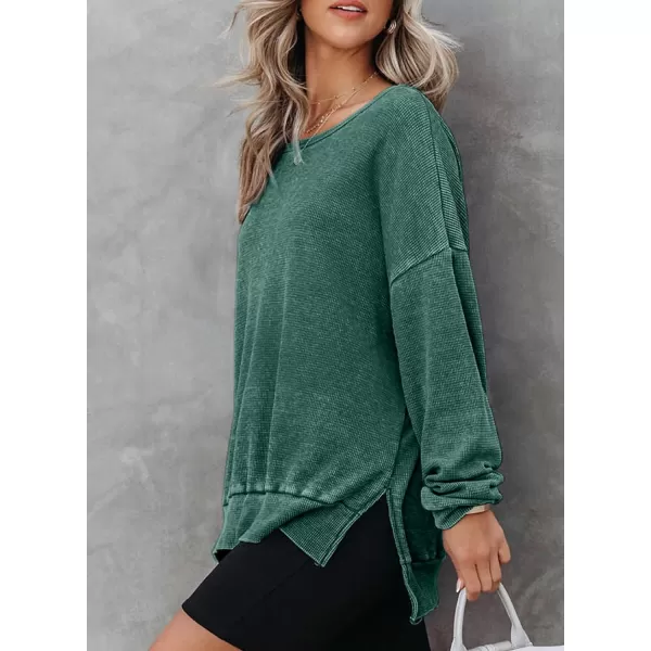 Dokotoo Womens Oversized Waffle Knit Crewneck Sweatshirts Long Sleeve Side Slits Casual Pullover Sweatshirt Tops