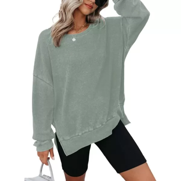 Dokotoo Womens Oversized Waffle Knit Crewneck Sweatshirts Long Sleeve Side Slits Casual Pullover Sweatshirt Tops