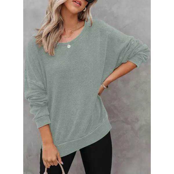 Dokotoo Womens Oversized Waffle Knit Crewneck Sweatshirts Long Sleeve Side Slits Casual Pullover Sweatshirt Tops