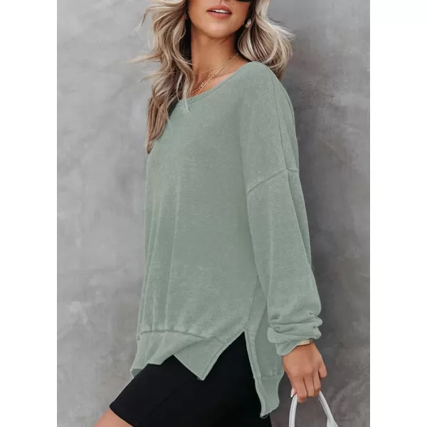 Dokotoo Womens Oversized Waffle Knit Crewneck Sweatshirts Long Sleeve Side Slits Casual Pullover Sweatshirt Tops
