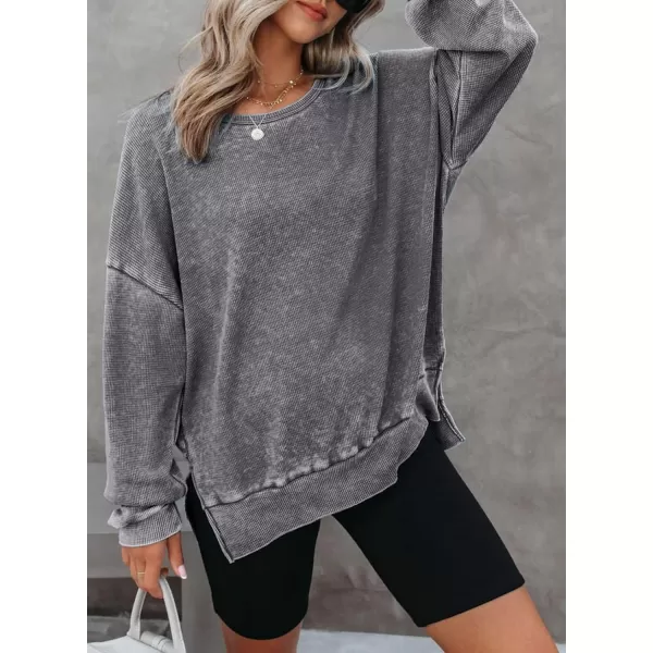 Dokotoo Womens Oversized Waffle Knit Crewneck Sweatshirts Long Sleeve Side Slits Casual Pullover Sweatshirt Tops