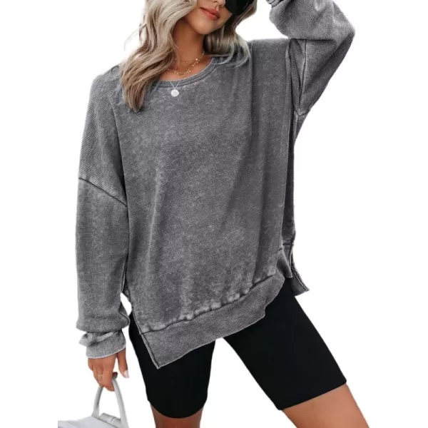 Dokotoo Womens Oversized Waffle Knit Crewneck Sweatshirts Long Sleeve Side Slits Casual Pullover Sweatshirt Tops