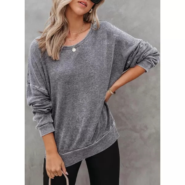 Dokotoo Womens Oversized Waffle Knit Crewneck Sweatshirts Long Sleeve Side Slits Casual Pullover Sweatshirt Tops