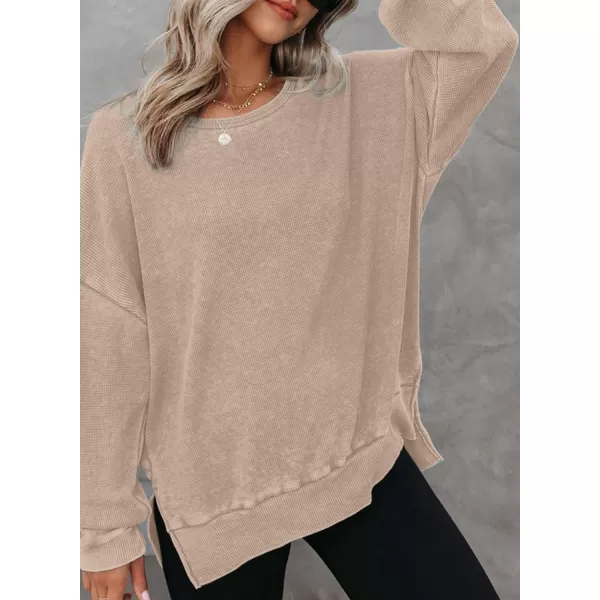 Dokotoo Womens Oversized Waffle Knit Crewneck Sweatshirts Long Sleeve Side Slits Casual Pullover Sweatshirt Tops