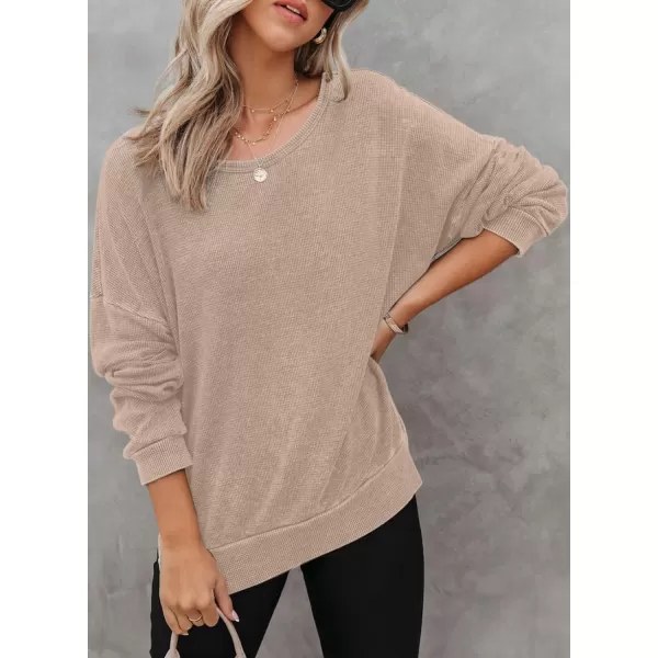 Dokotoo Womens Oversized Waffle Knit Crewneck Sweatshirts Long Sleeve Side Slits Casual Pullover Sweatshirt Tops