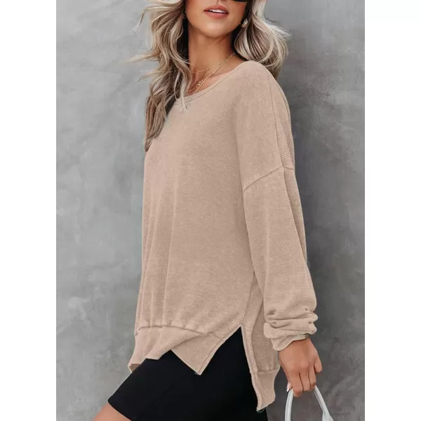 Dokotoo Womens Oversized Waffle Knit Crewneck Sweatshirts Long Sleeve Side Slits Casual Pullover Sweatshirt Tops