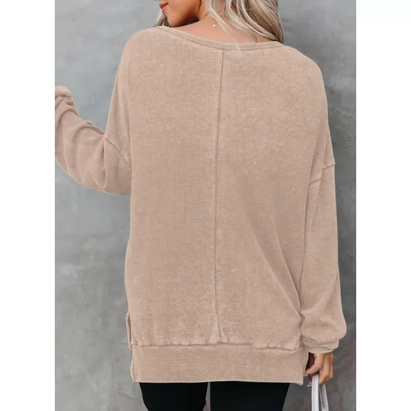 Dokotoo Womens Oversized Waffle Knit Crewneck Sweatshirts Long Sleeve Side Slits Casual Pullover Sweatshirt Tops