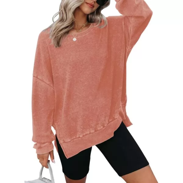 Dokotoo Womens Oversized Waffle Knit Crewneck Sweatshirts Long Sleeve Side Slits Casual Pullover Sweatshirt Tops
