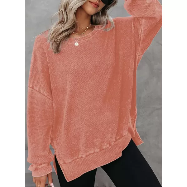 Dokotoo Womens Oversized Waffle Knit Crewneck Sweatshirts Long Sleeve Side Slits Casual Pullover Sweatshirt Tops