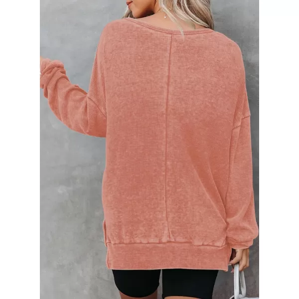 Dokotoo Womens Oversized Waffle Knit Crewneck Sweatshirts Long Sleeve Side Slits Casual Pullover Sweatshirt Tops