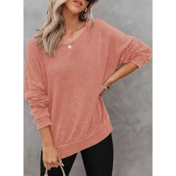 Dokotoo Womens Oversized Waffle Knit Crewneck Sweatshirts Long Sleeve Side Slits Casual Pullover Sweatshirt Tops