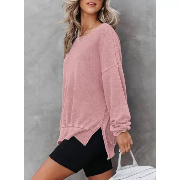 Dokotoo Womens Oversized Waffle Knit Crewneck Sweatshirts Long Sleeve Side Slits Casual Pullover Sweatshirt Tops