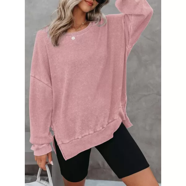 Dokotoo Womens Oversized Waffle Knit Crewneck Sweatshirts Long Sleeve Side Slits Casual Pullover Sweatshirt Tops