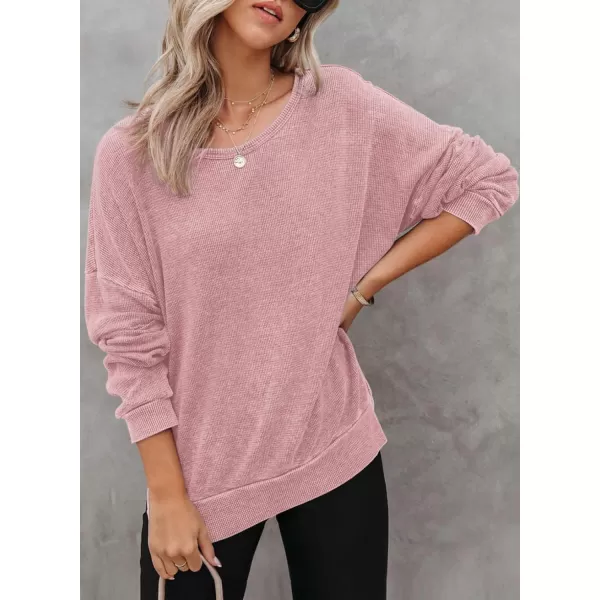Dokotoo Womens Oversized Waffle Knit Crewneck Sweatshirts Long Sleeve Side Slits Casual Pullover Sweatshirt Tops
