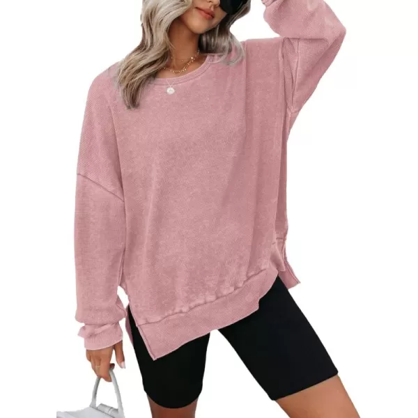 Dokotoo Womens Oversized Waffle Knit Crewneck Sweatshirts Long Sleeve Side Slits Casual Pullover Sweatshirt Tops