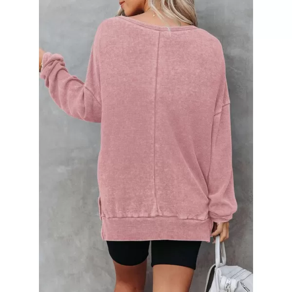 Dokotoo Womens Oversized Waffle Knit Crewneck Sweatshirts Long Sleeve Side Slits Casual Pullover Sweatshirt Tops