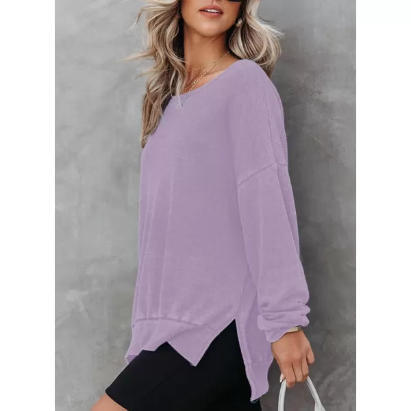 Dokotoo Womens Oversized Waffle Knit Crewneck Sweatshirts Long Sleeve Side Slits Casual Pullover Sweatshirt Tops