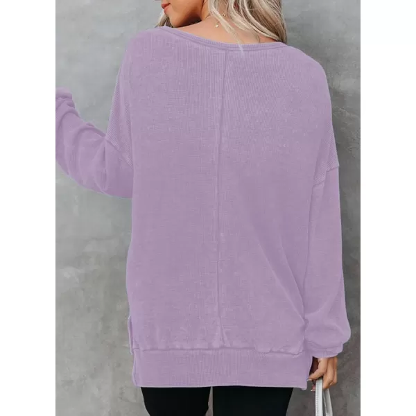 Dokotoo Womens Oversized Waffle Knit Crewneck Sweatshirts Long Sleeve Side Slits Casual Pullover Sweatshirt Tops