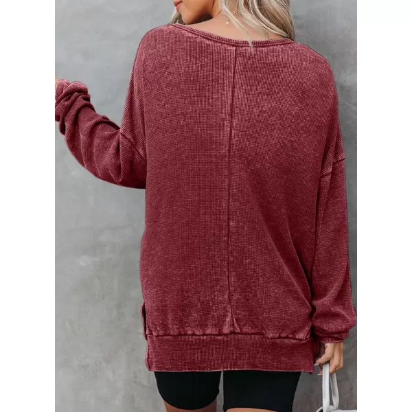Dokotoo Womens Oversized Waffle Knit Crewneck Sweatshirts Long Sleeve Side Slits Casual Pullover Sweatshirt Tops