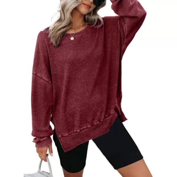 Dokotoo Womens Oversized Waffle Knit Crewneck Sweatshirts Long Sleeve Side Slits Casual Pullover Sweatshirt Tops