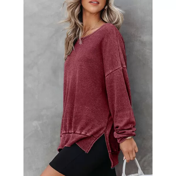 Dokotoo Womens Oversized Waffle Knit Crewneck Sweatshirts Long Sleeve Side Slits Casual Pullover Sweatshirt Tops
