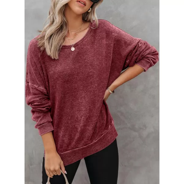 Dokotoo Womens Oversized Waffle Knit Crewneck Sweatshirts Long Sleeve Side Slits Casual Pullover Sweatshirt Tops