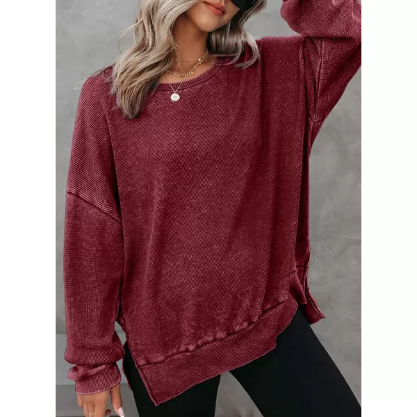 Dokotoo Womens Oversized Waffle Knit Crewneck Sweatshirts Long Sleeve Side Slits Casual Pullover Sweatshirt Tops