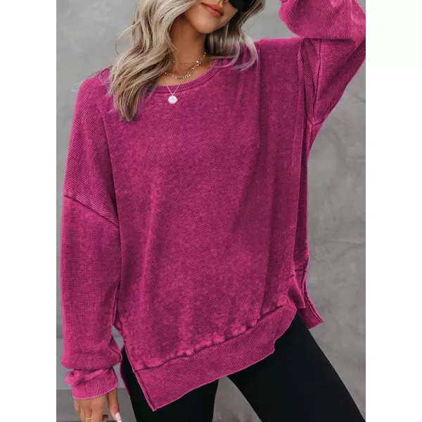 Dokotoo Womens Oversized Waffle Knit Crewneck Sweatshirts Long Sleeve Side Slits Casual Pullover Sweatshirt Tops