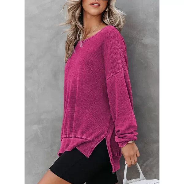 Dokotoo Womens Oversized Waffle Knit Crewneck Sweatshirts Long Sleeve Side Slits Casual Pullover Sweatshirt Tops