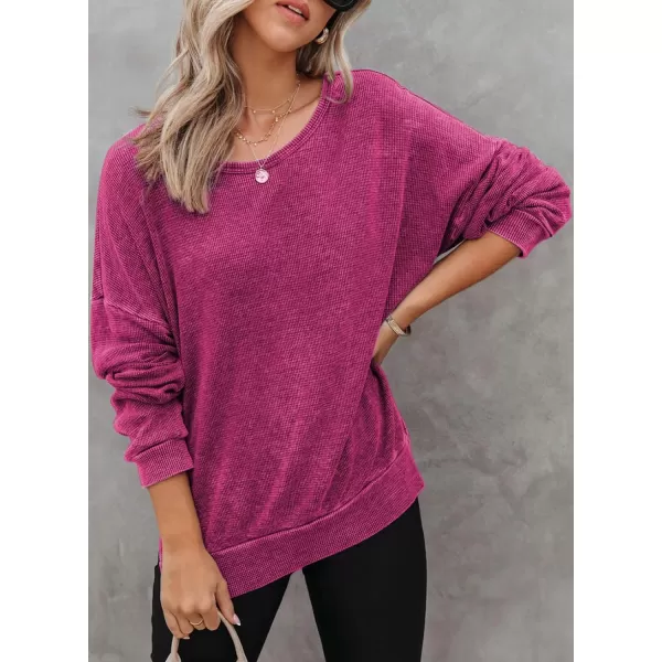 Dokotoo Womens Oversized Waffle Knit Crewneck Sweatshirts Long Sleeve Side Slits Casual Pullover Sweatshirt Tops