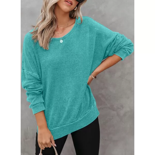 Dokotoo Womens Oversized Waffle Knit Crewneck Sweatshirts Long Sleeve Side Slits Casual Pullover Sweatshirt Tops