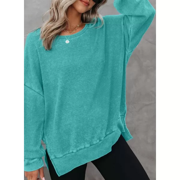 Dokotoo Womens Oversized Waffle Knit Crewneck Sweatshirts Long Sleeve Side Slits Casual Pullover Sweatshirt Tops