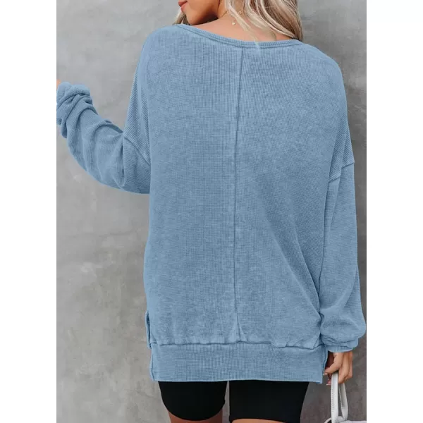 Dokotoo Womens Oversized Waffle Knit Crewneck Sweatshirts Long Sleeve Side Slits Casual Pullover Sweatshirt Tops