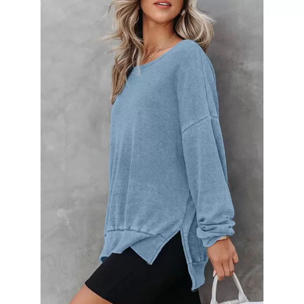 Dokotoo Womens Oversized Waffle Knit Crewneck Sweatshirts Long Sleeve Side Slits Casual Pullover Sweatshirt Tops